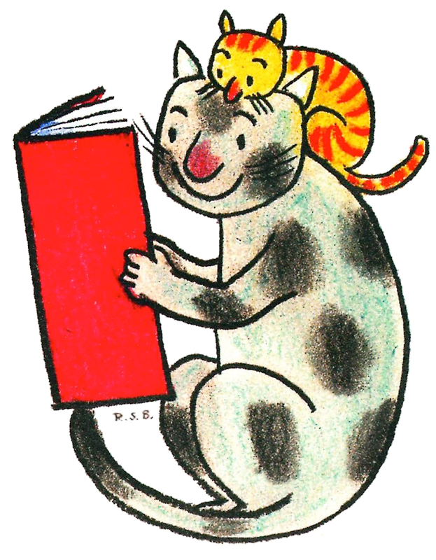 Logo des vereins, gezeichnet: ein Kater und eine Katze schauen in ein großes Buch