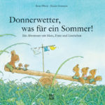 Titelseite des Buchs Donnerwetter-was-für-ein-Sommer. Eichhörnchen sitzen auf einer Holzschaukel.