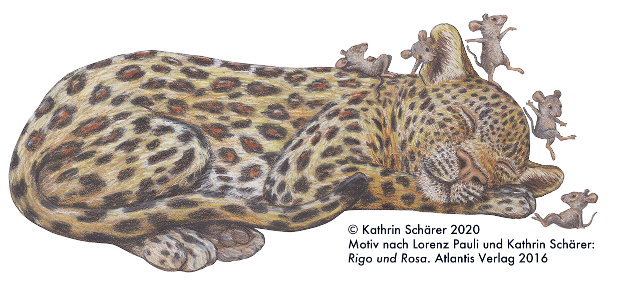 Rigo träumt von Mäusen, ©Kathrin Schärer 2020, Motiv nach Lorenz Pauli und Kathrin Schäfer, „Rigo und Rosa“, Atlantis Verlag 2016